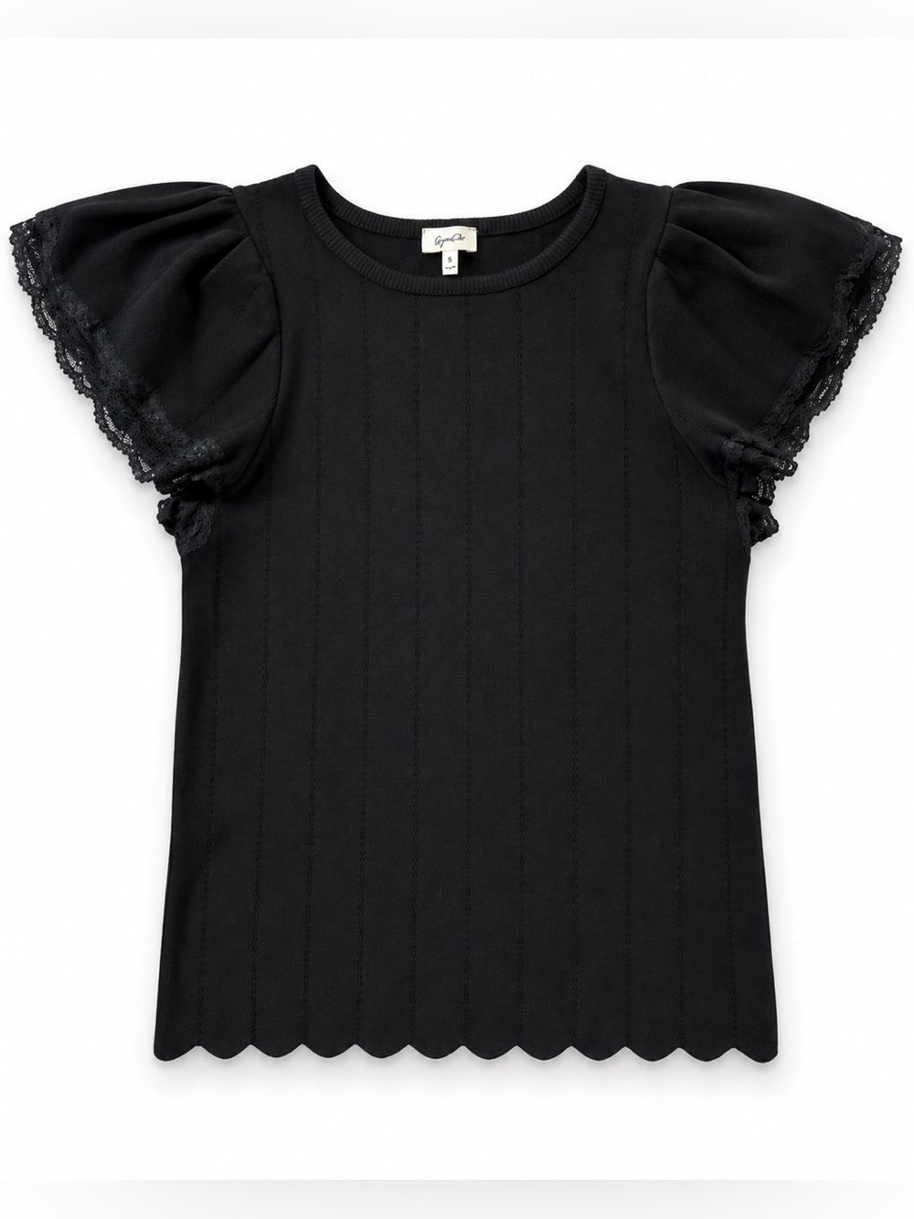 A Peach Black Knit Top XL Lace Flutter Sleeve Scallop Hem Pointelle